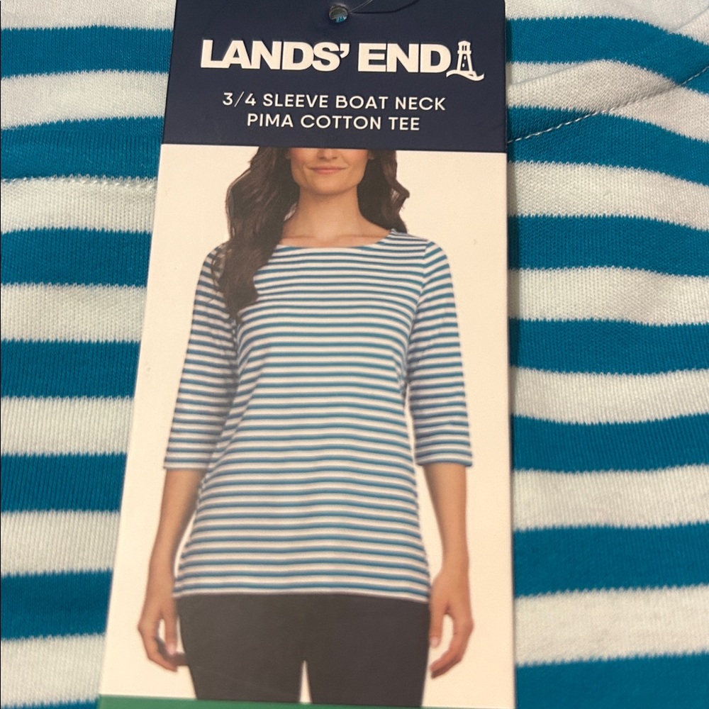 Lands' End Women's Blue Striped Tee Pima Cotton size L XL NWT